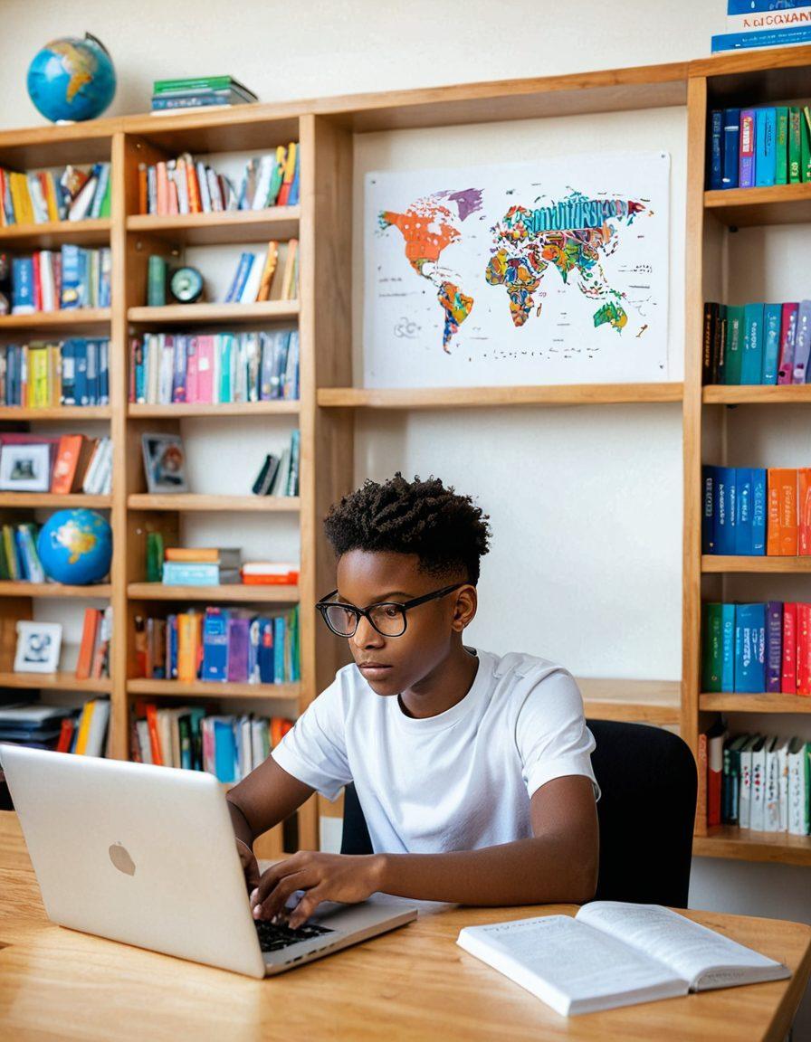 A young person sitting at a desk with an open laptop displaying a vibrant virtual dictionary interface, surrounded by floating words transforming into colorful images and icons. Include a bookshelf in the background filled with dictionaries and language books, as well as a globe symbolizing global language learning. semi-realistic. vibrant colors. white background.
