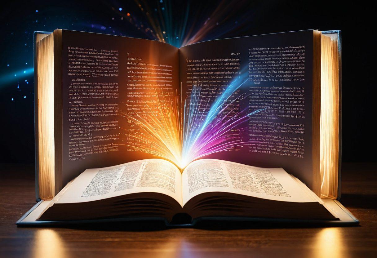 A glowing, open book with words floating out like beams of light, symbolizing knowledge and discovery. In the background, a modern digital screen displays an interactive web dictionary interface, with vibrant and dynamic UI elements. Characters from different languages hover around, highlighting diversity. super-realistic. vibrant colors. futuristic style.